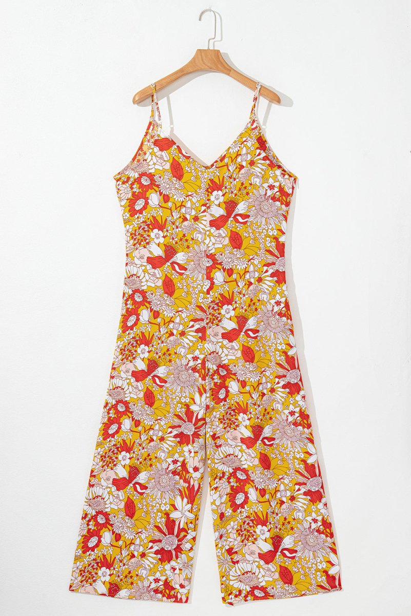 Orange Floral V Neck Wide Leg Sleeveless Jumpsuit - Love Salve